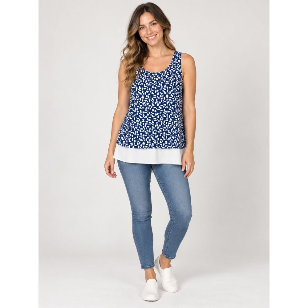 Karen Kane Women’s Navy White Print Layered Hem Tank Top Size S
